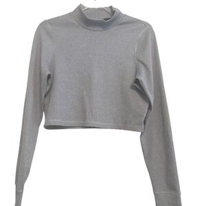 Aerie OFFLINE Mock Neck Crop Top Thumb Hole Long Sleeve Blue/Gray‎ Size L